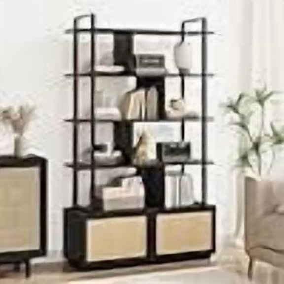 Estantería de 5 Niveles de 71 in de Alto con Puertas y Estantes Abiertos, Librero Boho de Ratán con Estructura de Metal para Sala de Estar, Recámara, Oficina en Casa, Negro