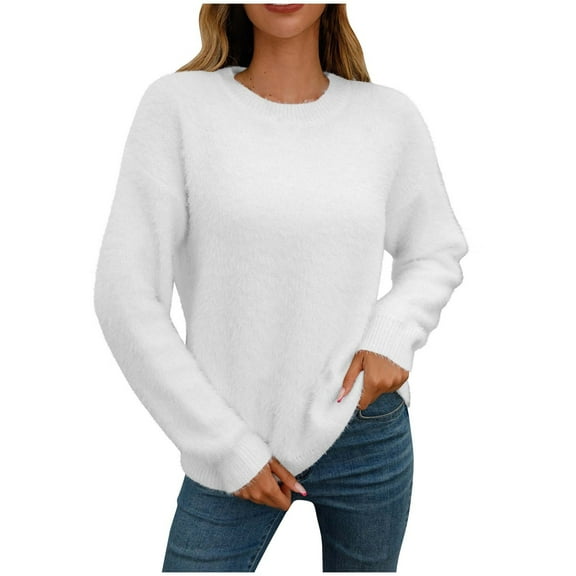 Fesfesfes Women's Solid Color Sweater Cozy Fall Winter Casual Long Sleeved with Ribbed Cuffs Round Neck Sweater Warmkeeping Daily Wearing(White,XL)