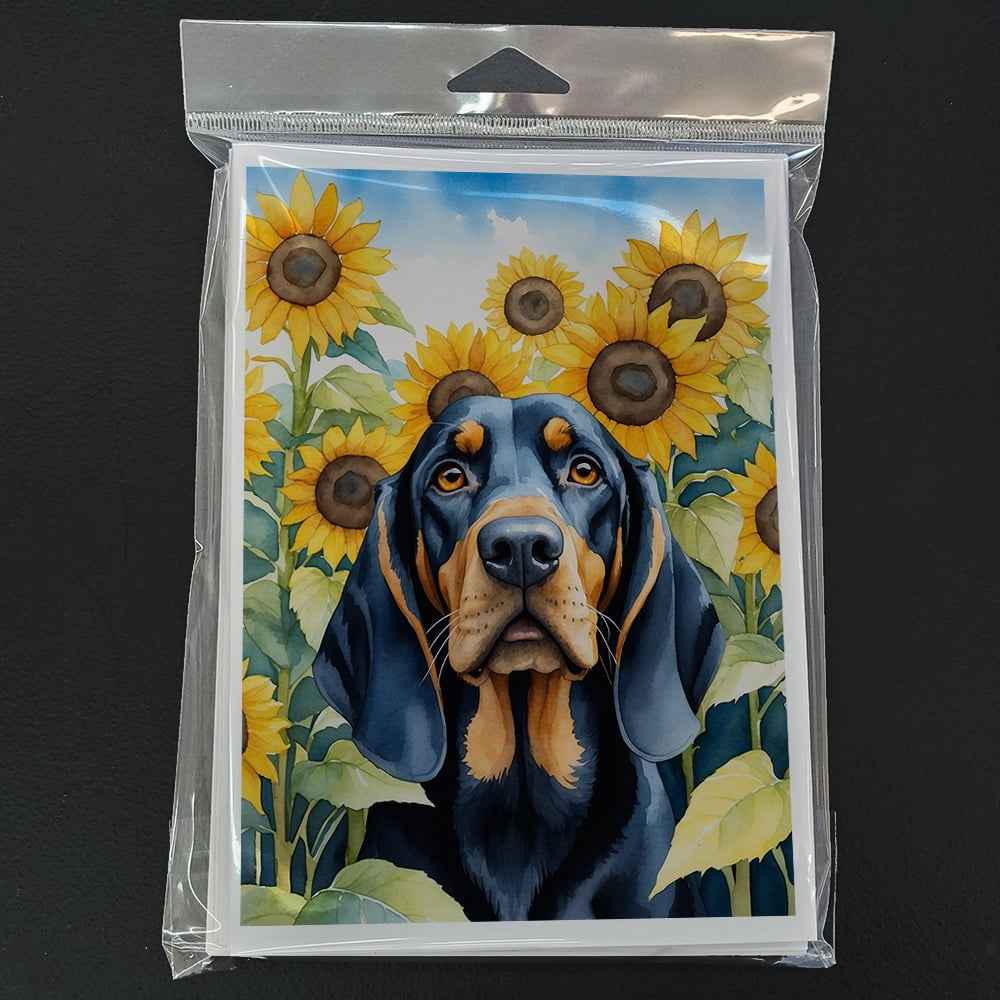 Black and Tan Coonhound in Sunflowers Greeting Cards Pack of 8 7 in x 5 in