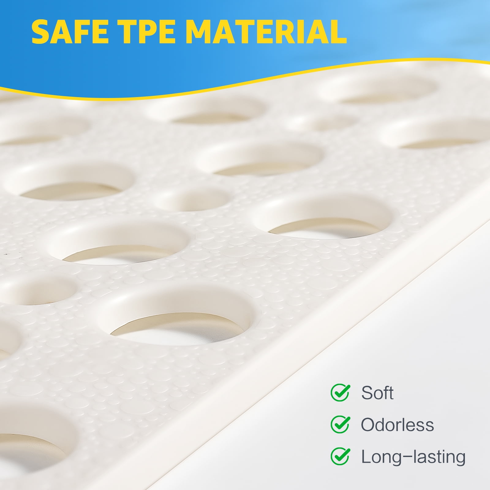 OTHWAY Large Shower Mat, 35x24 TPE Anti Slip Shower Mat, Heavy Bath Mats for Shower with Drain Holes Suction Cups, Shower Stall Mat for Bathroom, No Odor Shower Grip Mat for Elderly Kids(White)