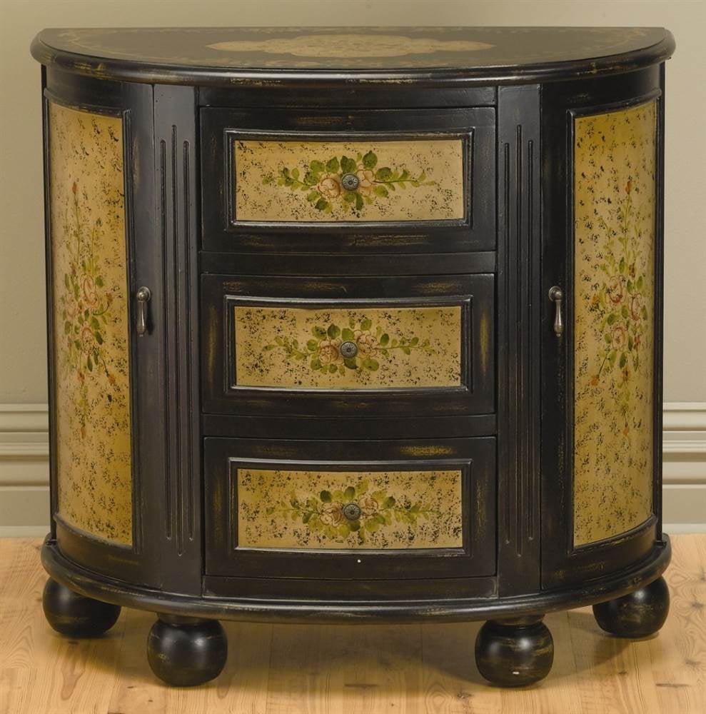 Floral Half Round Console in Black Finish w Green Insert