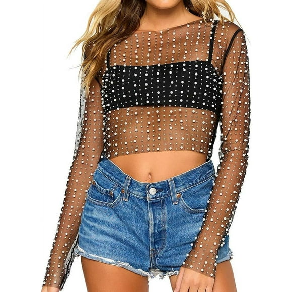 Women Pearl Rhinestone Sheer Mesh Crop Top Sexy See Through Long Sleeve Slim Fit Cropped Blouse Shirt Clubwear