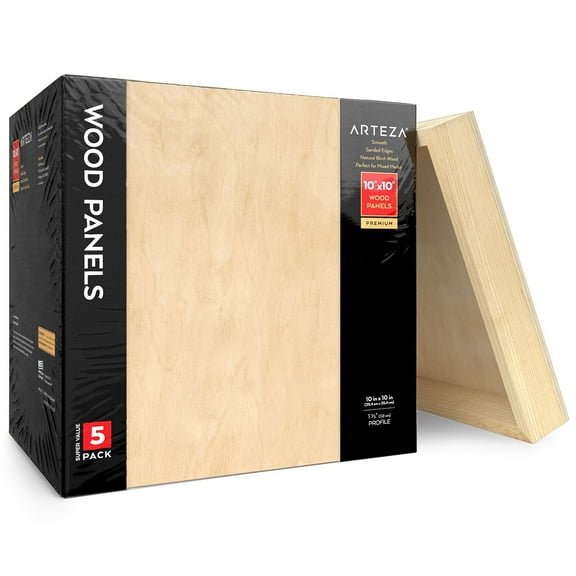Arteza Wood Art Panels Art Supply Pack, 10"x10" - 5 Pack