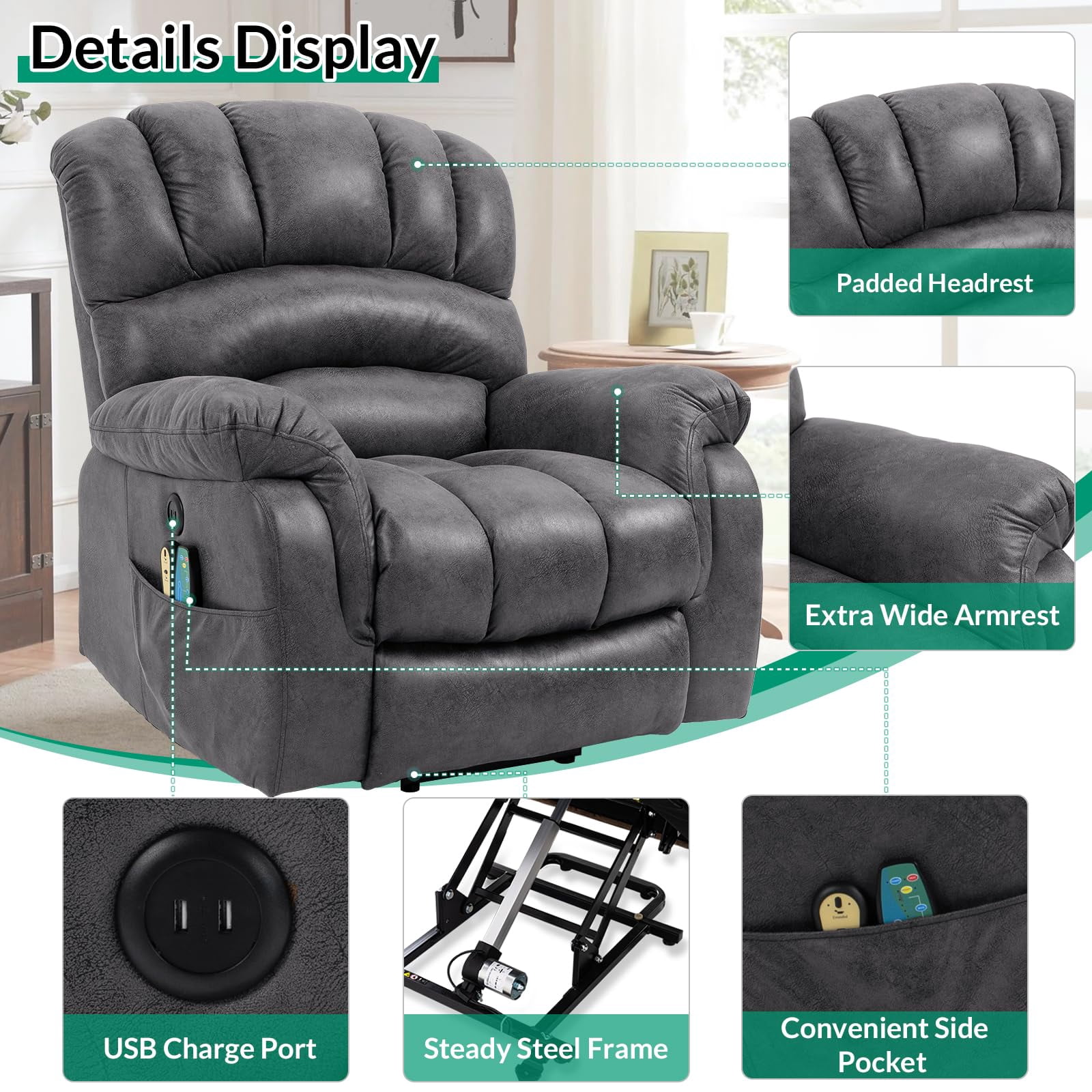 VIVIJASON Bronzing Suede Fabric Heated Recliners with USB Ports, Gray
