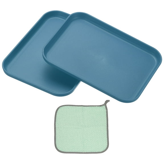 7.9x5.9" Rectangular Plates, 2 Pack Wheat Plastic Dinner Plates Dishes Reusable Unbreakable Dessert Plate Trays with Cloth for Cake Fruits Salad Cupcake Steak Serving Dark Blue