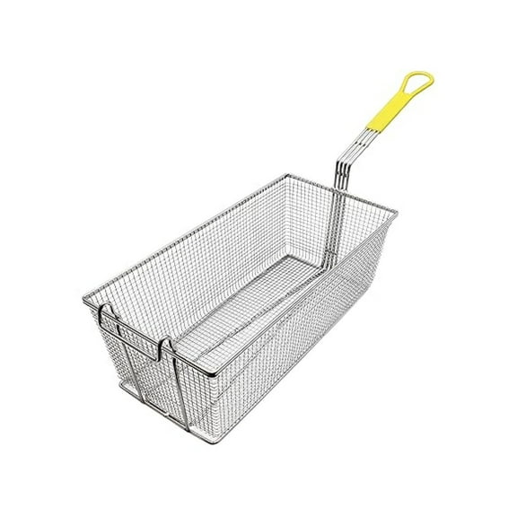 Fry Basket 17" Rectangular - Commercial Grade Wire Mesh Fryer Basket with Yellow Coated Handle, 6" Deep, Plated Steel Construction for Restaurant & Home Use