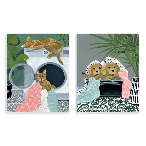 Stupell Industries Cats & Dogs Laundry Room Bath & Laundry Painting Unframed Art Print Wall Art, 11 x 14, Set of 2