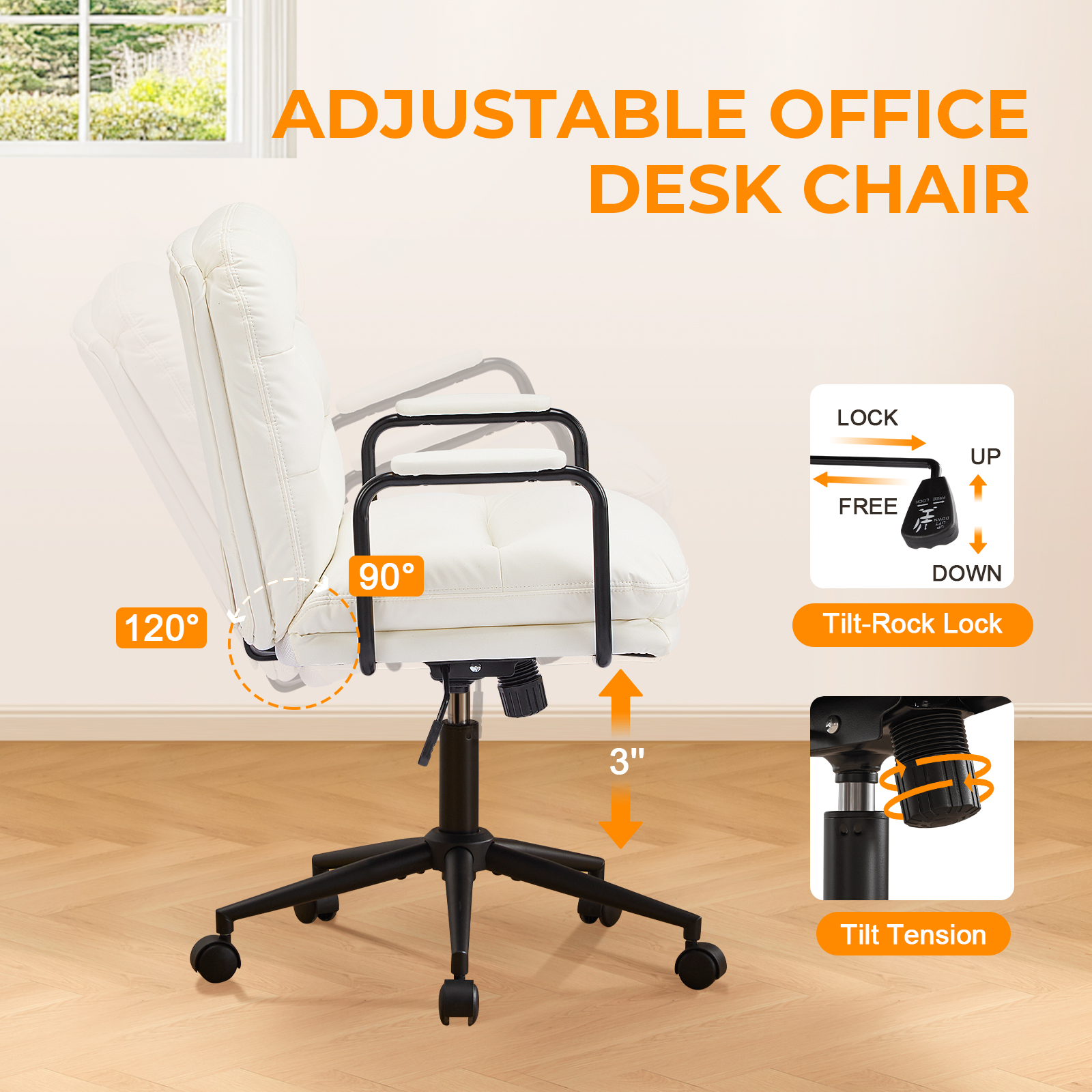 Falvinoryn Modern Office Chair, High Back Ergonomic Task Chair with Padded Armrests and Double Cushion, Swivel Home Office Desk Chair, Faux Leather Executive Armchair for Home, Bedroom (White)