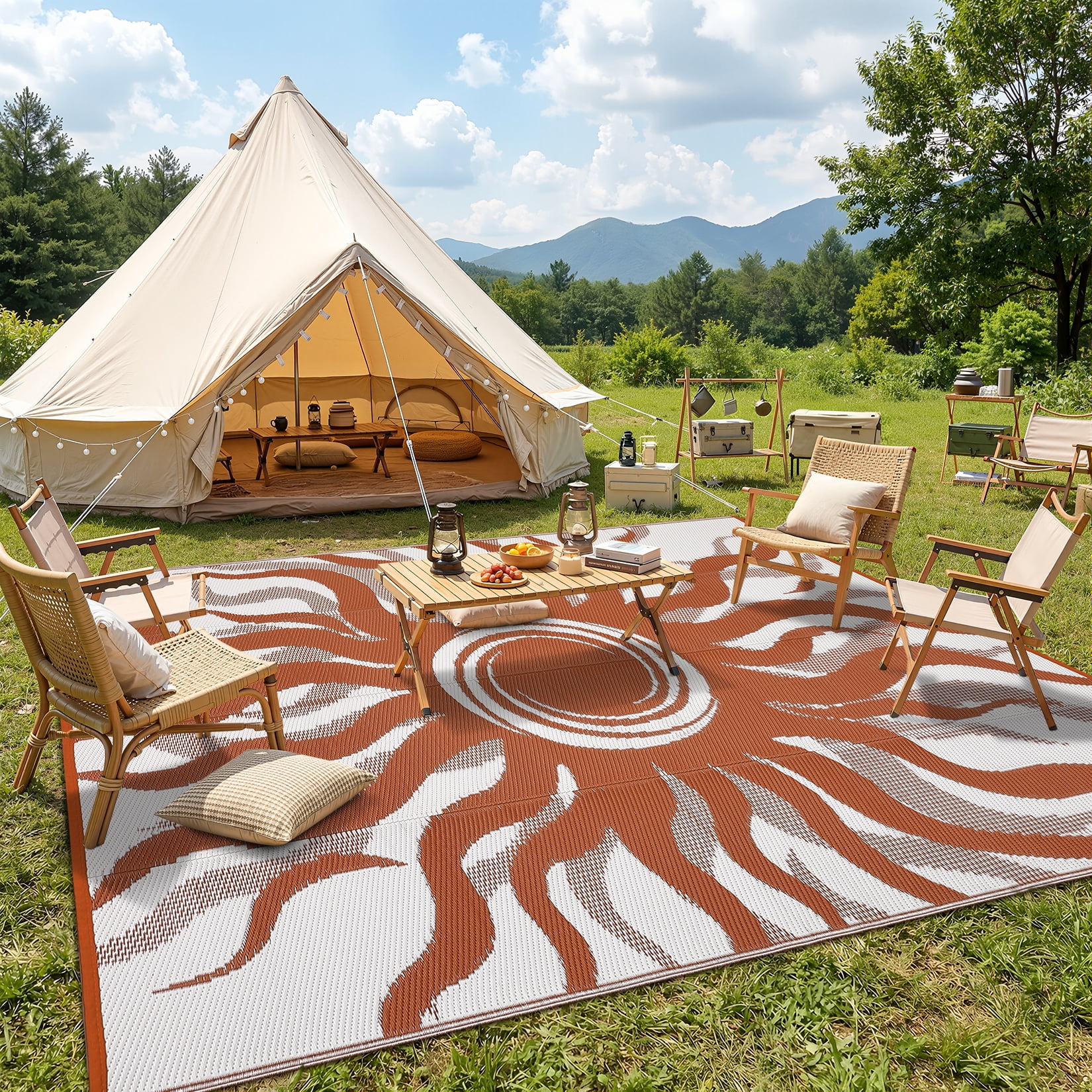 Garvee 8x10ft Outdoor Rug Waterproof Reversible Plastic Straw Rug, Modern Boho Sun Pattern Rug, Large RV Camping Mat Portable Outdoor Carpet for Patio, Balcony, Picnic, Beach, Deck, Red/White