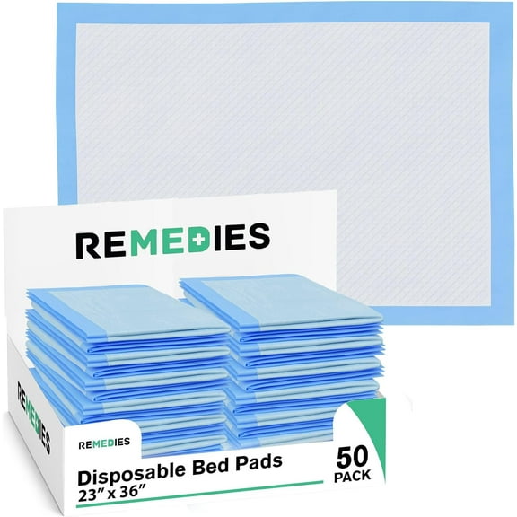 REMEDIES 23 x 36” Large Disposable Bed Pads for Adults Incontinence Pads Puppy Pads, 50 Pack