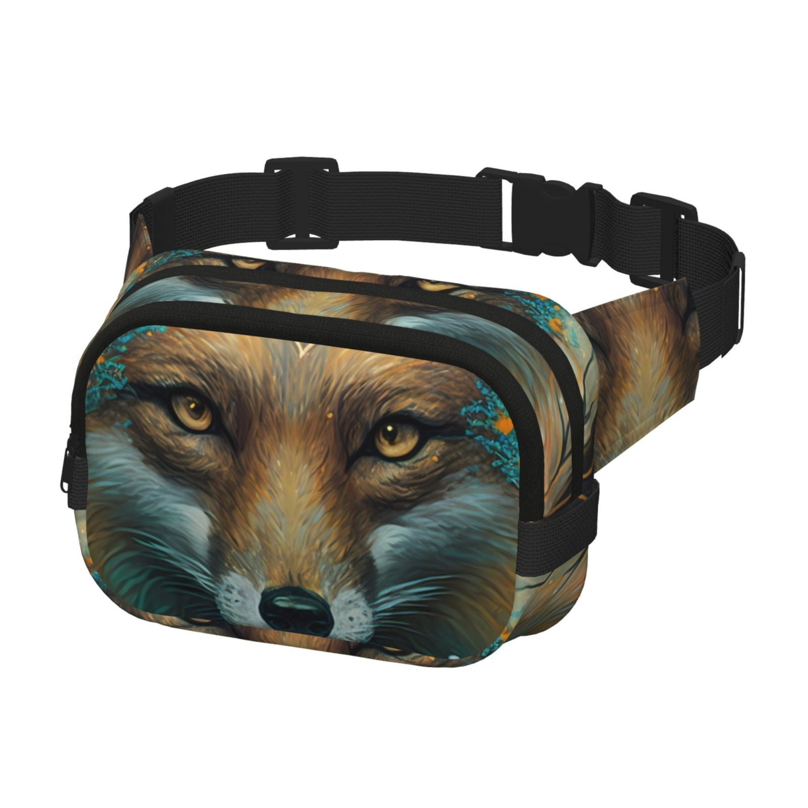 Picia Vintage Pattern Fox Print Square Double-Layer Waist Bag Mini Adjustable Waist Belt Bag Exercise Running Travel Hiking