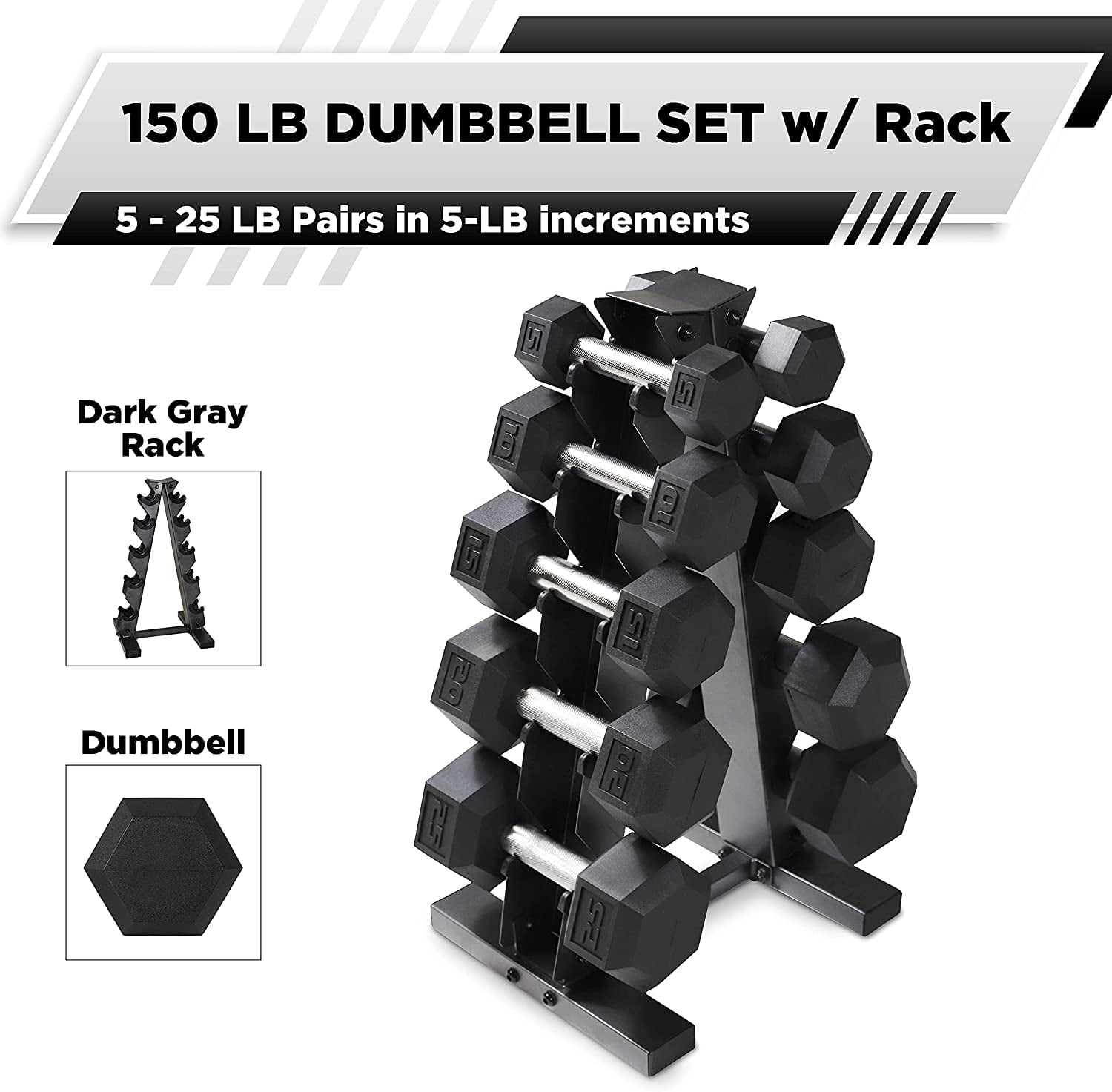 WF Athletic Supply 5-25Lb Rubber Coated Hex Dumbbell Set with A Frame Storage Rack Non-Slip Hex Shape for Muscle Toning, Strength Building & Weight Loss - Multiple Choices Available
