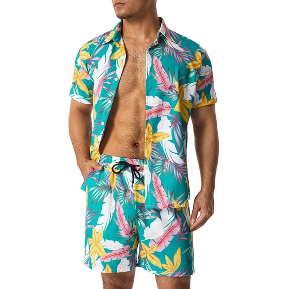 Genuiskids Men's Hawaii 2 Piece Shirt Outfits Fashion Printed Button Down Short Sleeve Shirt Summer Beach Vacation Shorts Set