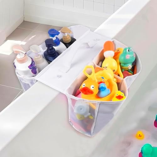 Bath Toy Storage Organizer - Large 4 Compartment Bath Toy Holder with Suction Cups, Mess Bathtub Toy Storage, Quick Dry Shower Toy Holder, Bath Toy Basket Net for Bathroom Tub