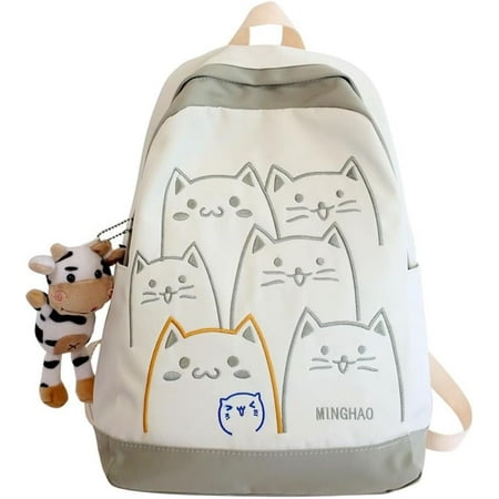 

ZAGHNRENJ Preppy Backpack Japanese Cat Backpack Kawaii Backpack with Plushies Cute Cat Embroidery Waterproof Laptop Backpack (Light Grey) AAZ-768