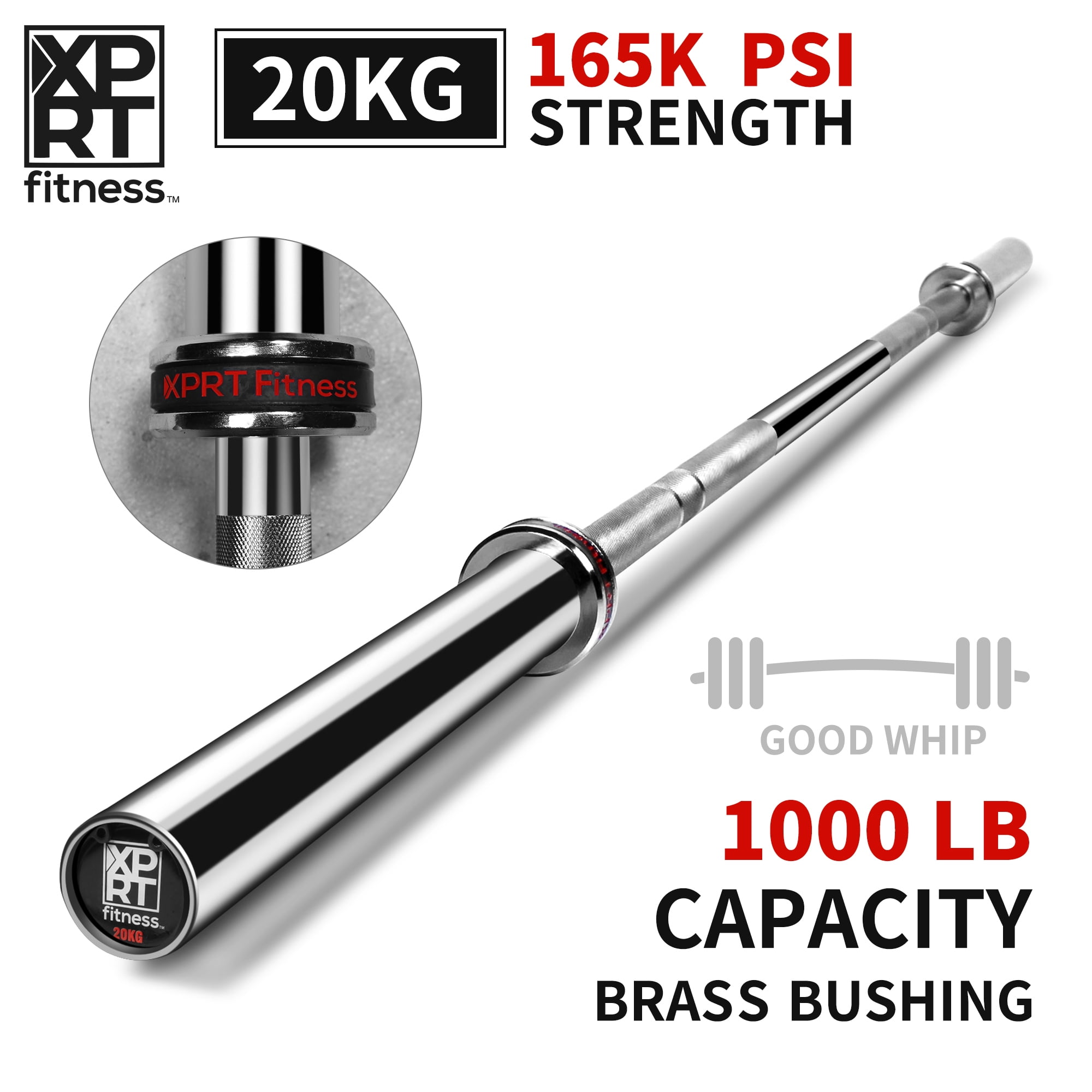 XPRT Fitness 20 KG Chrome Barbell 86 In. Bar -2 In. Olympic Plates 28 mm, 1000 lb. Capacity