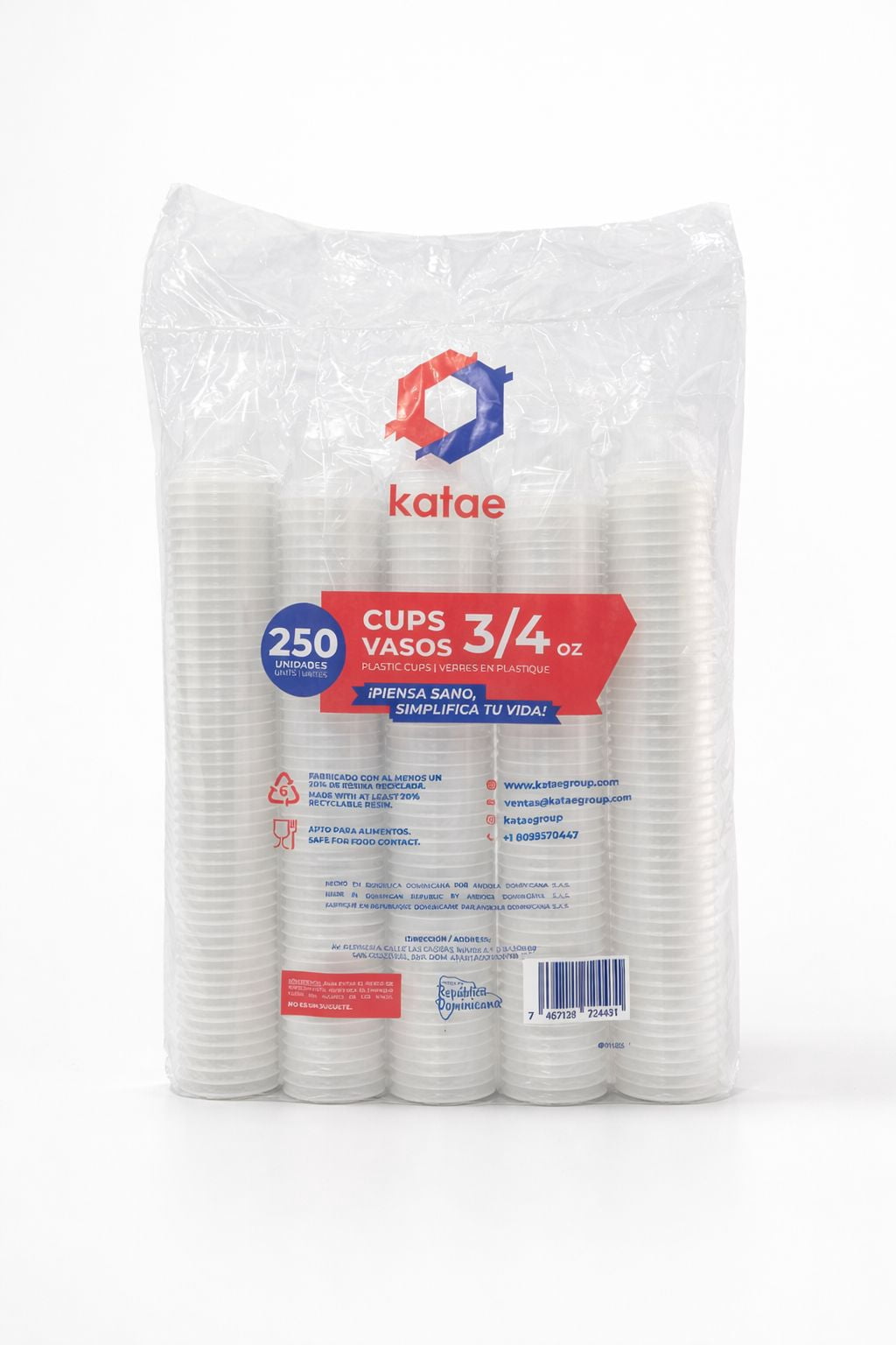 Katae Plastic Disposable Cups, Ribbed, Clear, 0.75 fl oz, 250 Count