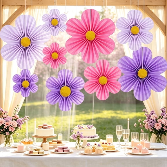Purple Pink Paper Flower Decorations - Romantic Floral Hanging Decor for Party Scene Ornaments Set .Ideal for birthday parties, weddings, bridal showers, garden gatherings, or afternoon tea.