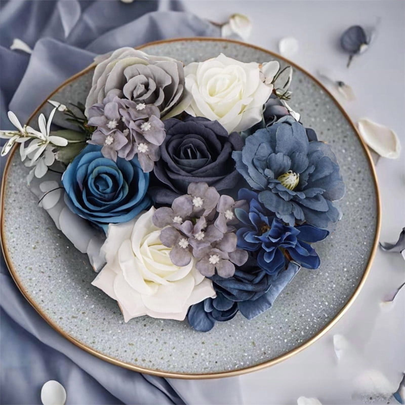 Dark Blue Artificial Flowers, Fake Rose Cream Flowers Combo Box Set Faux Flower Arrangements Table Centerpieces Wedding Bouquets Bridal Shower Party Home Decor Cake Decorations