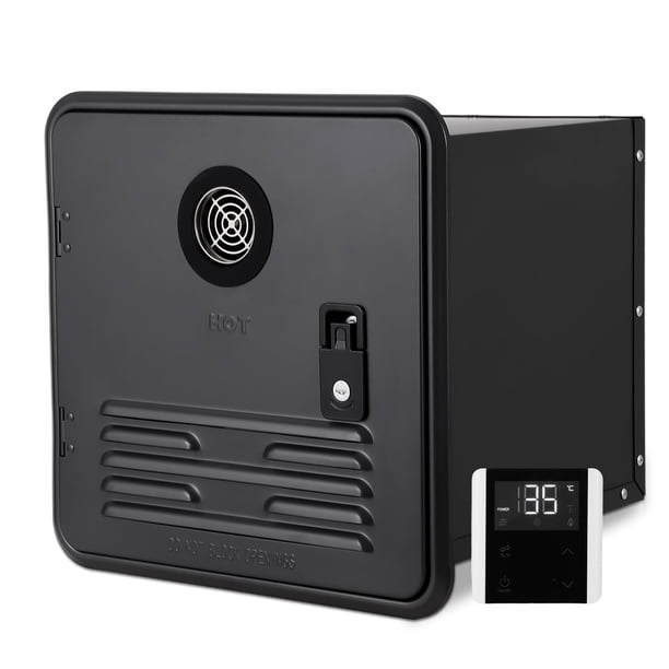 Yeshouse Calentador de agua instantáneo para vehículos recreativos, alimentado por propano, 12 V CC con control remoto, puerta de 38 x 38 cm y toma de corriente frontal