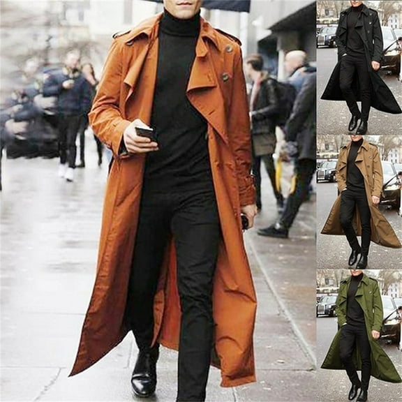 FRSASU Mens Trench Coat Notch Lapel Loose Fit Double Breasted Casual Long Business Pea Warm Coat Overcoat Orange