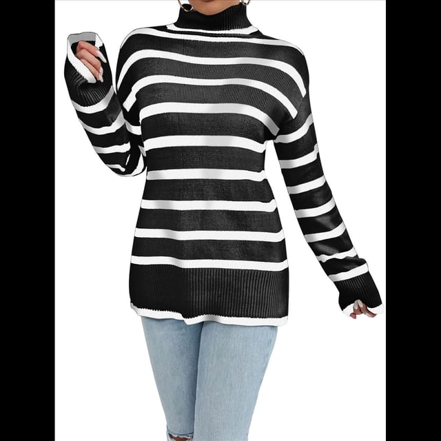 Suéter de Punto A Rayas con Bloques de Color y Larga para Mujer, Informal, Otoño e Invierno Rayas Negras S