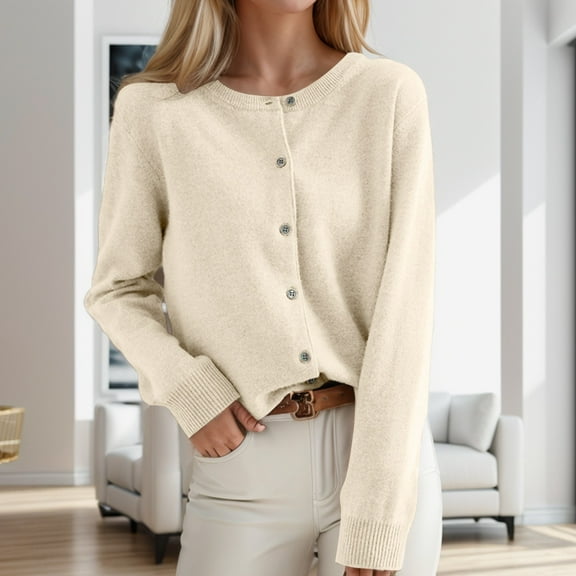 HOWPAY Womens Cardigan Sweaters Button down Crew Neck Long Sleeve Solid Color Casual Jacket Lightweight Soft Loose Y2K Fall Clothes Beige L