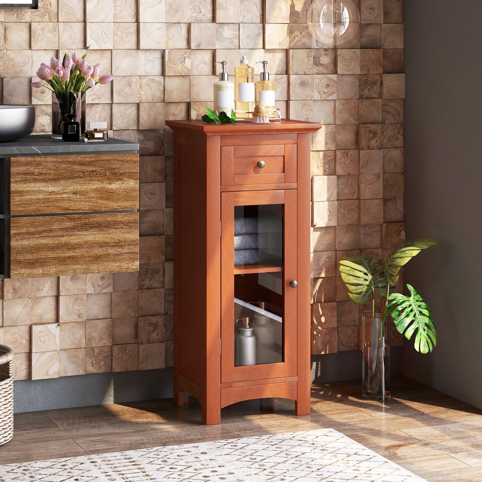 Giantex Bathroom Storage Cabinet, Freestanding Narrow Storage Organizer w/Adjustable Shelves, Brown