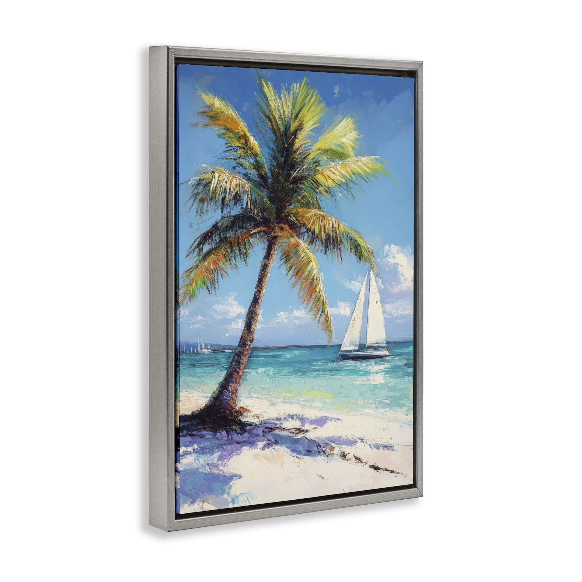 Stupell Industries Palms & Sails Beach View Gray Framed Floater Canvas Wall Art, design by Petal Prints Design