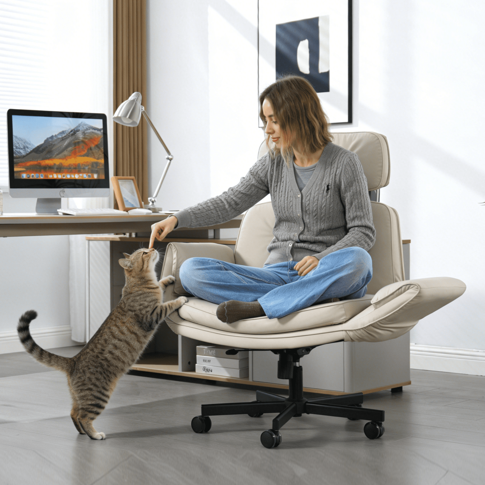Mintazer Criss Cross Desk Chair with Armrests and Wheels, PU Leather Vanity Chair with Adjustable Swivel & Wide Seat, Office Chairs for Home Office, Make Up, Bedroom, Beige