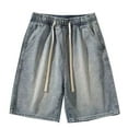 thumbnail image 3 of Jean Shorts for Men Street Style Vintage Summer Casual Denim Bermuda Shorts with Pockets Loose Elastic Waist Drawstring Knee Length Men Denim Shorts, 3 of 5