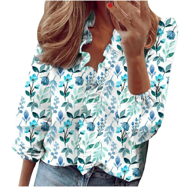Mujeres Casual Manga completa Cuello en V Tops Camisas sueltas Blusa Tops estampados Pompotops FGAJ13947