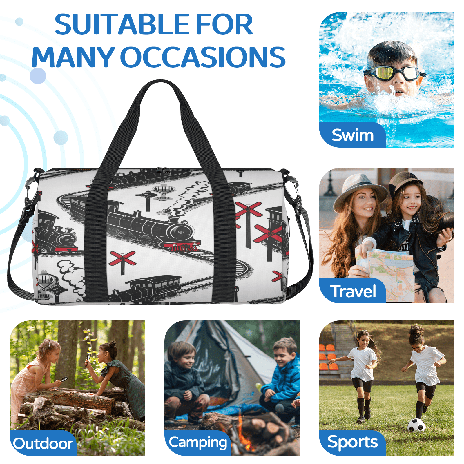 Herdesigns Steam Train Cute Travel Duffle Bag Sports Yoga Weekender Overnight Carry on Workout Bags Lightweight Waterproof Gym Tote Bag for Women