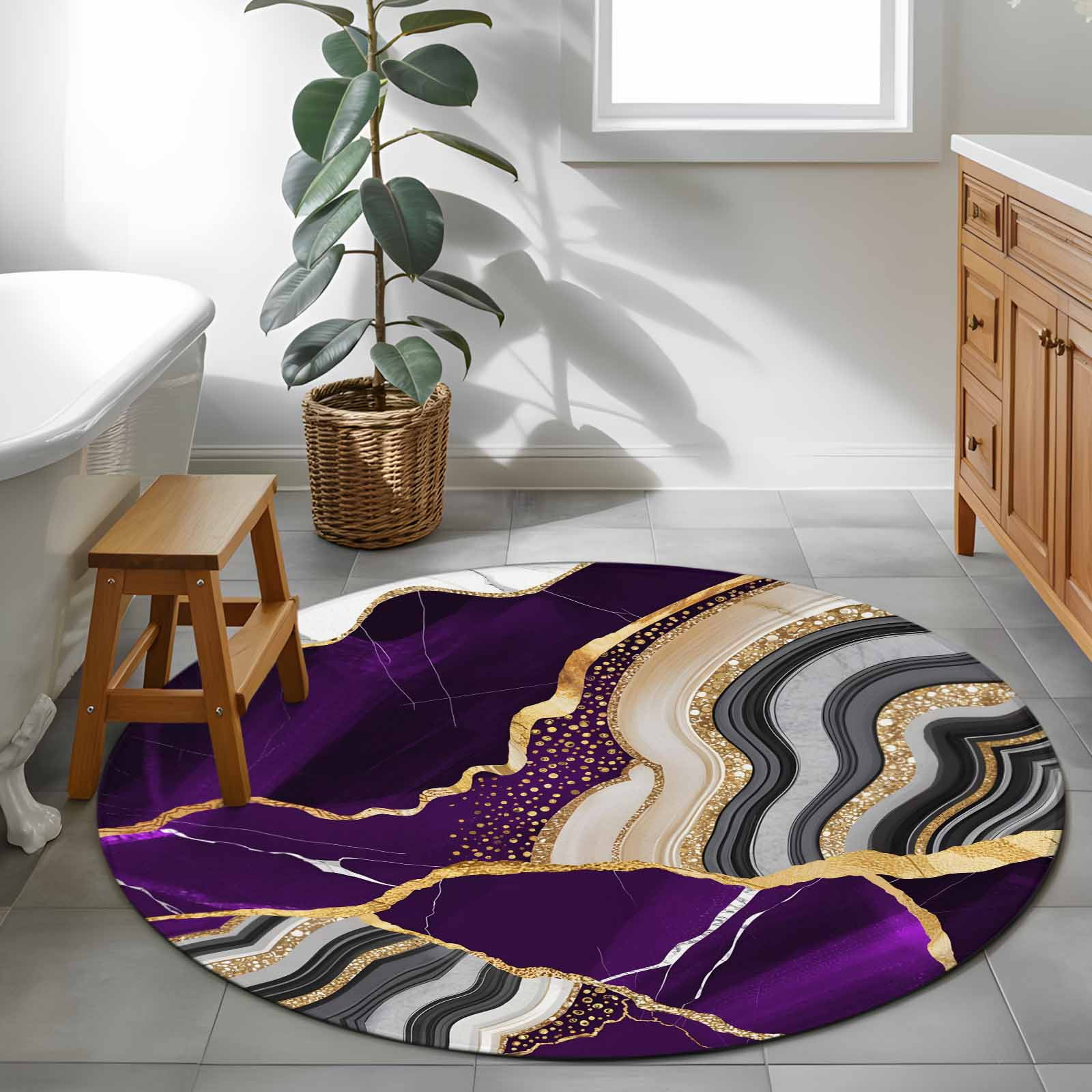 Round Rugs 4Ft, Purple Marble Round Area Rug Washable Indoor Throw Carpet, Grey Gold Texture Vintage Farmhouse Art Soft Non Slip Circle Rug for Kitchen Nursery Room Home Decor Aesthetic