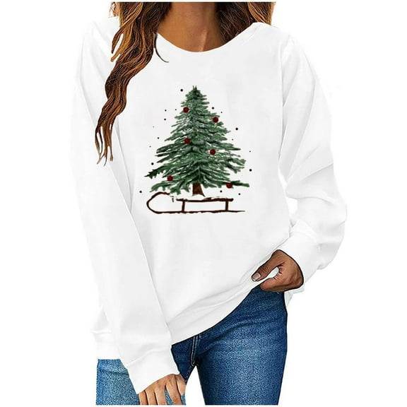 Christmas Women's Sweatshirts Holiday Merry Pullover Long Sleeves Crewneck Shirts Fashion Christmas Tree Printed Blouses Casual Loose Christmas Sweatshirt