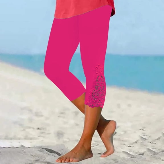 Minjewel Women's Casual Stretch Cropped Capri Leggings with Lace Stitching and Cutout Design,Comfortable Fit for Daily Wear,Hot Pink,2XL