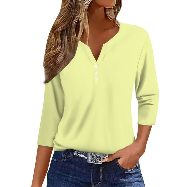 Women's Top Solid Color Button-Up 3/4 Sleeve Casual Commuting Long Sleeve Shirt | Yubnlvae | Women's Solid Color Button up Top with Three Quarter Sleeves for (Beige | L)