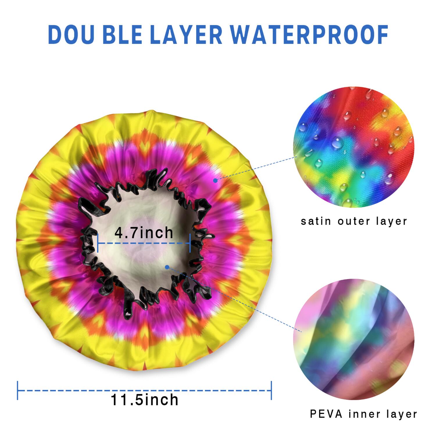 Shower Caps,Rainbow Tie Dye Mandala Pattern Waterproof Shower Cap for Women 4 Pieces,Double Reusable Hair Cover for Shower PEVA Elastic Stretch Hem