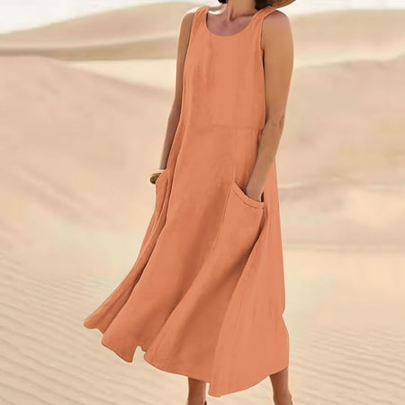 amkenre Boho Dresses For Women 2024 Plus Size Women's Sleeveless Cotton And Linen Round Neck Solid Color Long Dress With Pocket Womens Summer Dresses Casual Dresses Beach Party Flowy Sundresses