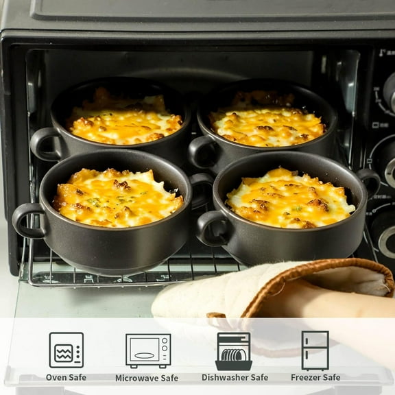 22 oz Stackable Ceramic Soup Bowls with Handles, Matte Black, Oven Microwave Dishwasher Safe Set of 4