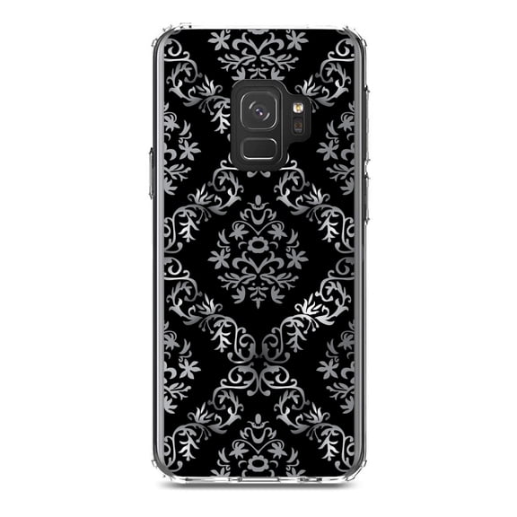 DistinctInk Clear Shockproof Hybrid Case for Samsung Galaxy S9 (5.8" Screen) - TPU Bumper, Acrylic Back, Tempered Glass Screen Protector - Black White Silver Grey Damask - Floral Damask Pattern