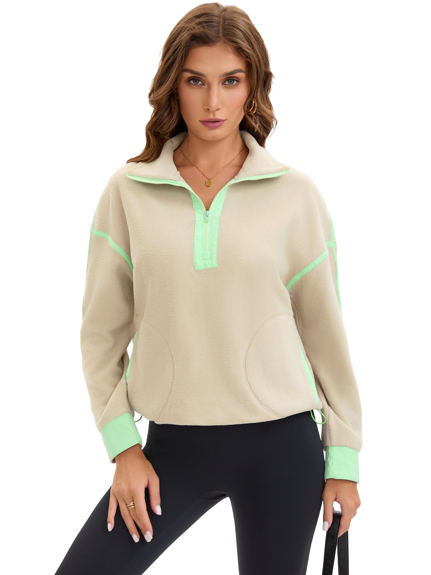 DARING DIVA Women's Half Zip Fleece Pullover Jacket with Pockets L Apricot