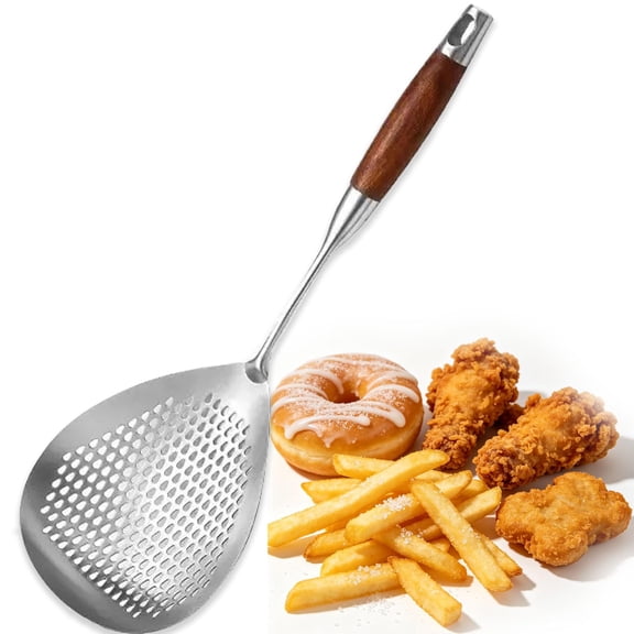 Wooden Handle Stainless Steel Skimmer, Heat Resistant Strainer Spoon for Deep Frying, Oil Draining, Noodles and Dumplings