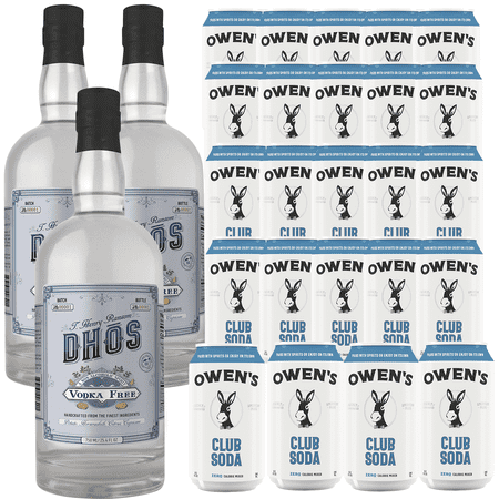 Dhōs Handcrafted Non-Alcoholic Vodka 750 ML Bottle w Pack Owen’s Mixers Club Soda 8.2 OZ Cans - Keto-Friendly, Zero Sugar, Zero Calories, Zero Proof - Perfect for Mocktails - A