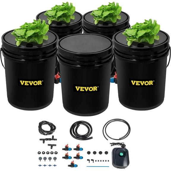 VEVOR DWC Hydroponic System, 5 Gallon 5 Buckets, Deep Water Culture Growing Bucket, Hydroponics Grow Kit with Pump, Air Stone and Connected Reservoir, for Indoor/Outdoor Leafy Vegetables