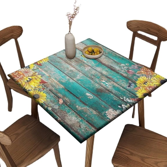 Square Fitted Elastic Edge Table Cloths, Teal Wood Grain Sunflowers Polyester Table Cloth, for Outdoor Patio and Indoor Kitchen Dining Party, Fit for 44" x 44" Square Table