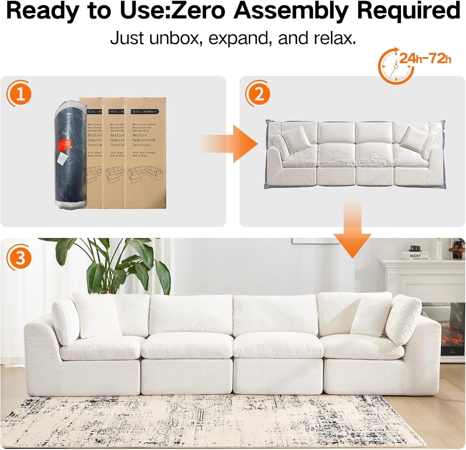 4 Seater Cloud Couch, No Assembly Required Modular Boneless Sofa, Comfy Deep Seat Sectional Sofa for Living Room, Bedroom, Apartment