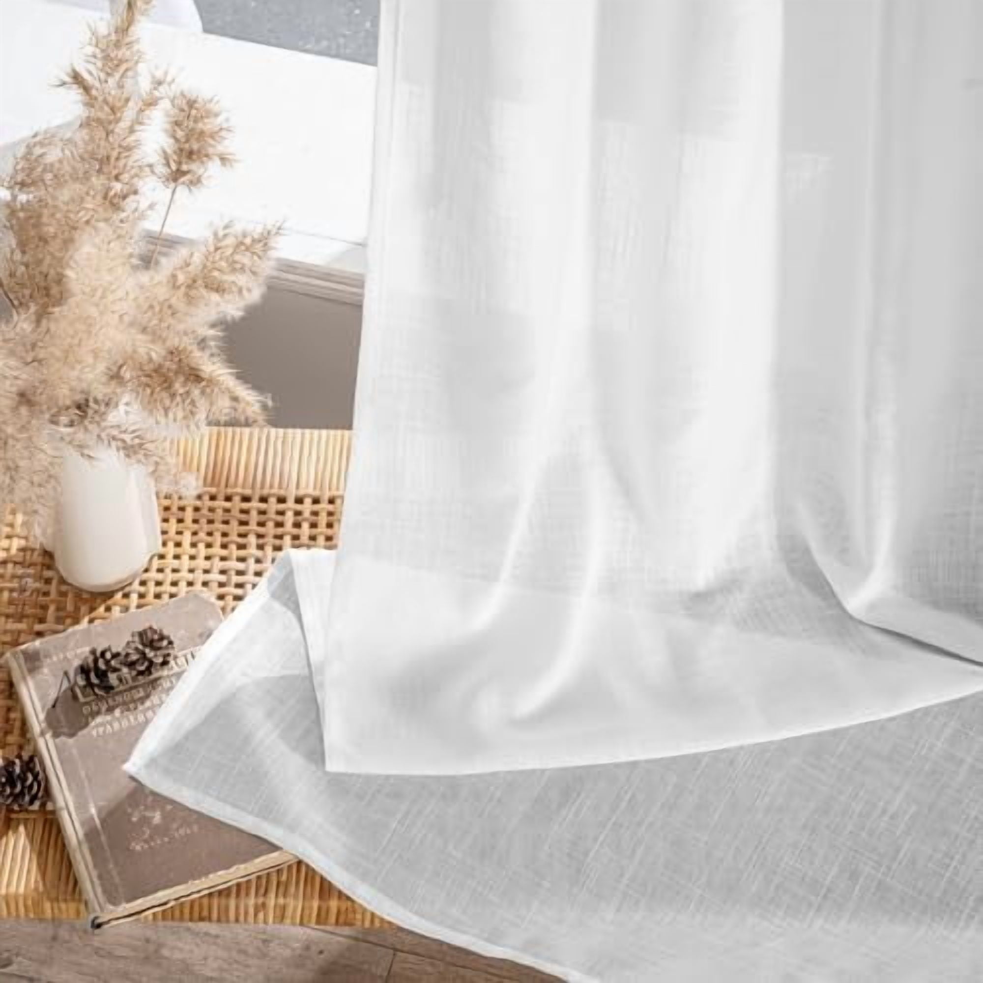 White Linen Curtains Short 60 Inch Length 2 Panels for Kitchen Bedroom, Soft Thick Linen Textured Window Drapes Semi Sheer Light Filtering Back Tab Rod Pocket Burlap Look Decor