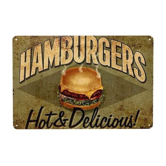Vintage Wall Decor Metal Plaque Classic Hamburgers Hot & Delicious Fast Food Wall Decor Poster Wall Art Nostalgic Tin Sign For Home Cofe Kitchen Pub Bar 8x12 Inch
