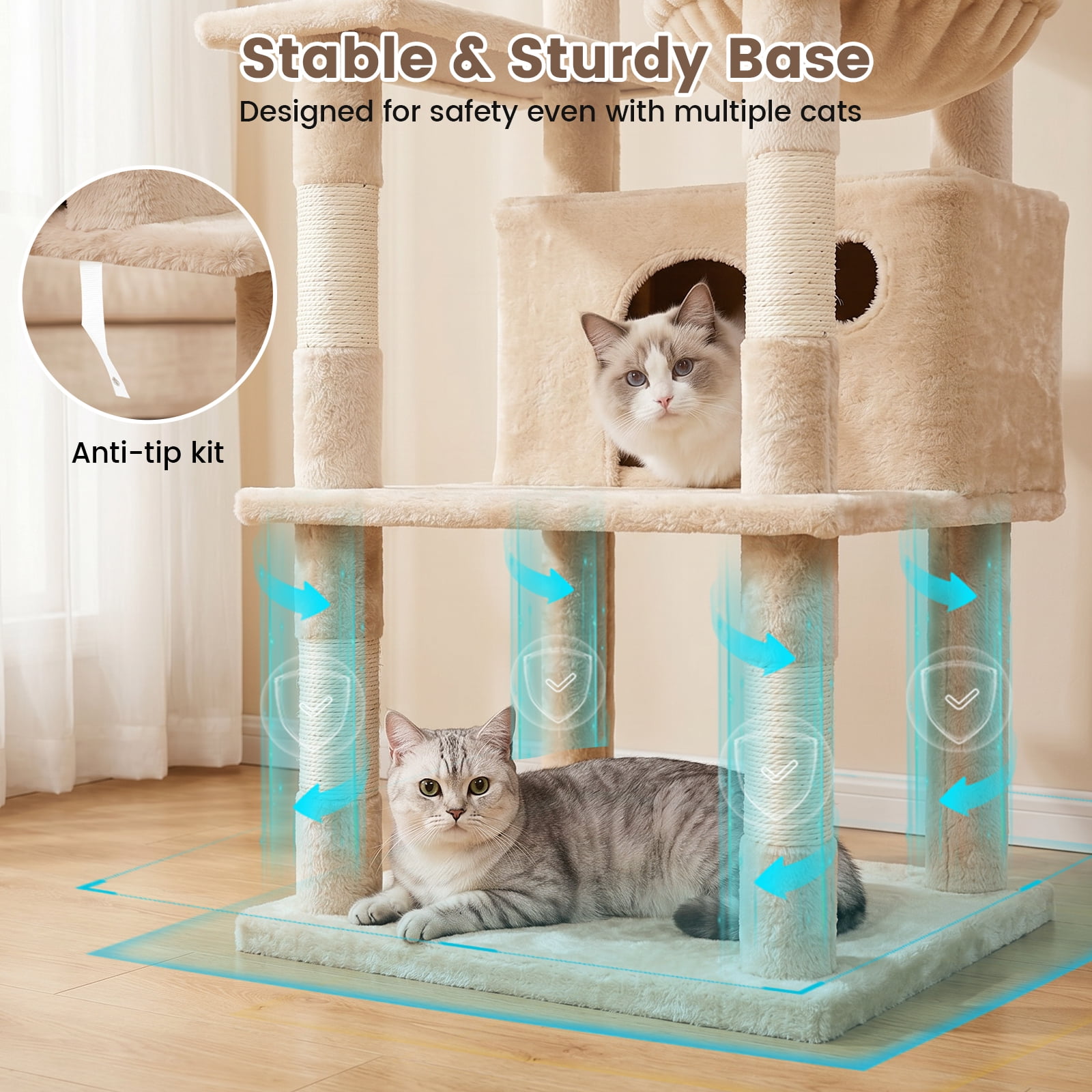 CATGOOD 81" Cat Tower, Big Cat Treefor Multiple Adult Cats, Multi-Level Tall Cat Tree with 2 Platforms, 2 Condos, 2 Hanging Basket, Hammock and Scratching Post for Indoor Kitties, Beige